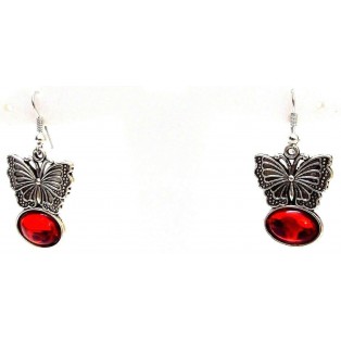 RED BUTTERFLY Silver Oxidized Earrings - Hook Dangle Drop - Fashion Novelty